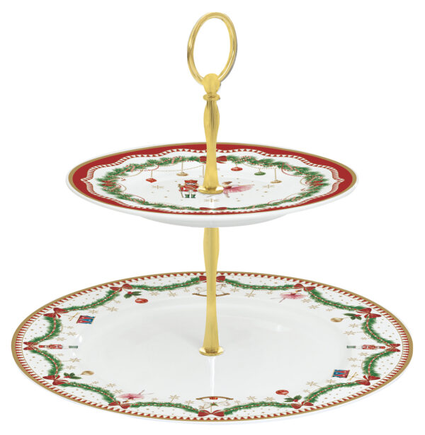 Porcelán süteményes állvány 2 emeletes 19/27cm dobozban, Magie de Noel