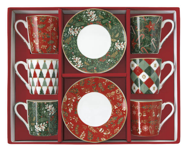 Porcelán eszpresszócsésze+alj 6 személyes, 100ml, dobozban, Coffee Mania, Fancy Christmas