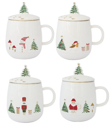 Porcelán szűrősbögre tetővel, 450ml, dobozban, Let it Snow
