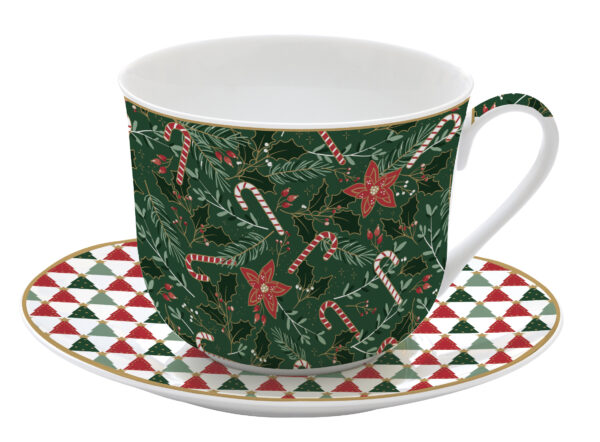 Porcelán reggelizőcsésze+alj 400ml, dobozban, Atmosphere, Fancy Christmas