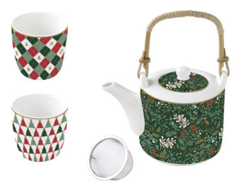 Porcelán teáskanna 600ml, fémszűrővel, 2 porcelánpohárral 160ml, dobozban, Fancy Christmas, Atmosphere