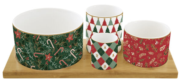 Porcelán kínálótál 4 db-os szett:11,5/8/6,5/4,5cm átmérő, bambusztálcán 29x13cm, Atmosphere, Fancy Christmas
