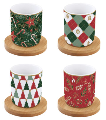 Porcelán eszpresszópohár+bambuszalj 4 személyes,110ml,dobozban, Fancy Christmas