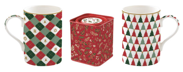 Porcelánbögre 350ml, 2db+fémdoboz 7,5×7,5x9cm, ajándékszett dobozban, Fancy Christmas, Atmosphere