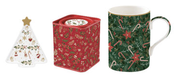 Porcelánbögre 350ml, +teafiltertartó 8,5x10,5cm+fémdoboz 7,5x7,5x9cm, ajándékszett dobozban, Fancy Christmas, Atmosphere