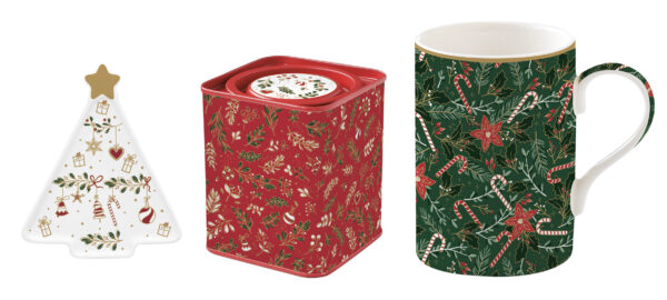 Porcelánbögre 350ml, +teafiltertartó 8,5×10,5cm+fémdoboz 7,5×7,5x9cm, ajándékszett dobozban, Fancy Christmas, Atmosphere