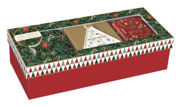 Porcelánbögre 350ml, +teafiltertartó 8,5×10,5cm+fémdoboz 7,5×7,5x9cm, ajándékszett dobozban, Fancy Christmas, Atmosphere