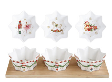 Porcelán csillagtálka szett 3 db-os, bambusztálcán, 34x12cm, Magie de Noel