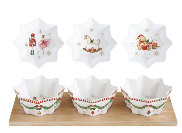 Porcelán csillagtálka szett 3 db-os, bambusztálcán, 34x12cm, Magie de Noel