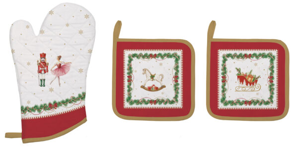 Edényalátét 2 db, 20x20cm+edényfogó kesztyű 20x30cm, 100% pamut, Magie de Noel