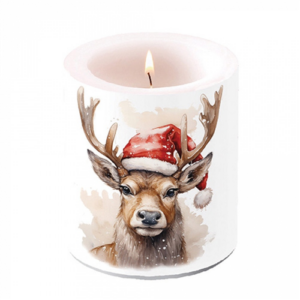 Átvilágítós gyertya Deer with Santa hat white