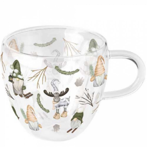 Duplafalú borosilicate üvegcsésze Forest gnomes white