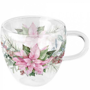 Duplafalú borosilicate üvegcsésze Pink poinsettia