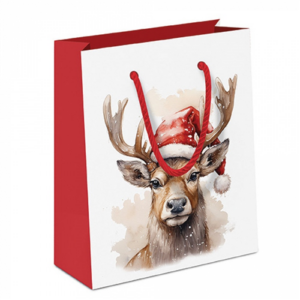 Papír ajándéktáska Deer with Santa hat white