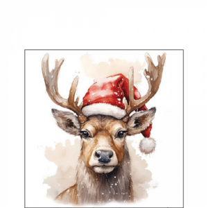 Papírszalvéta Deer with Santa hat white