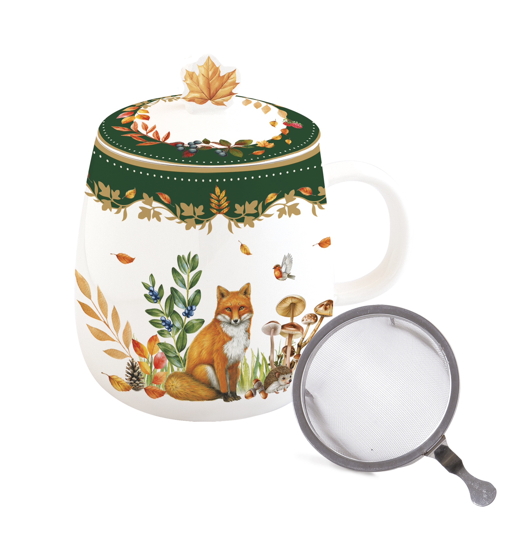 Porcelán szűrősbögre tetővel, 450ml, dobozban, Forest Dream