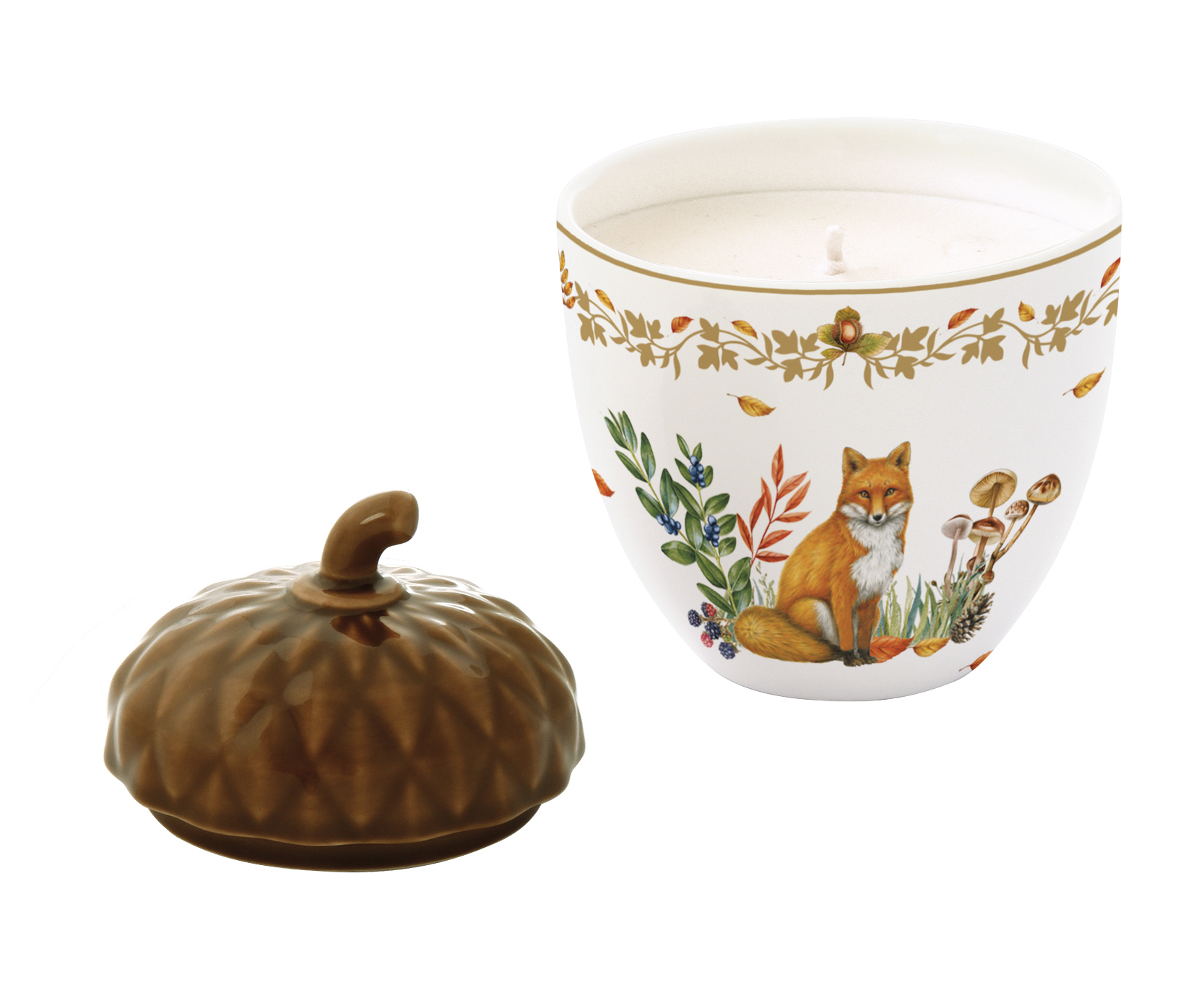 Gyertya porcelántálkában fedővel, 8,5x12cm, dobozban, Forest Dream