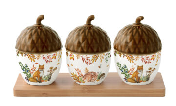 Porcelántálka fedővel, 3 db, bambusztálcán 28x9x12,5cm, dobozban, Forest Dream