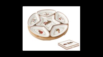 R2S.2186EXPR Porcelántálka 6db-os szett kerek bambusztálcán