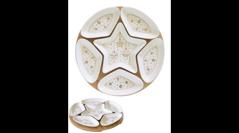 R2S.2186CHLI Porcelántálka 6db-os szett kerek bambusztálcán 25cm