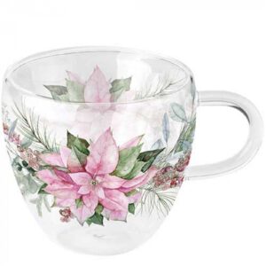 AMB.34420285 Pink poinsettia duplafalú borosilicate üvegcsésze 0