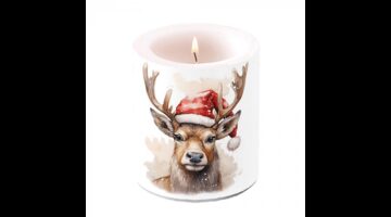 AMB.39320280 Deer with Santa hat white átvilágítós gyertya 10x10xcm