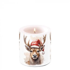 AMB.39220280 Deer with Santa hat white átvilágítós gyertya 8x7