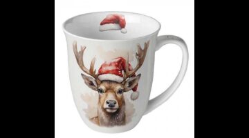 AMB.38420280 Deer with Santa hat white porcelánbögre 0