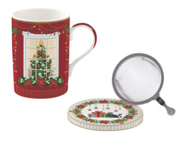 Porcelán szűrősbögre tetővel, 350ml, dobozban, Festive Avenue, Atmosphere