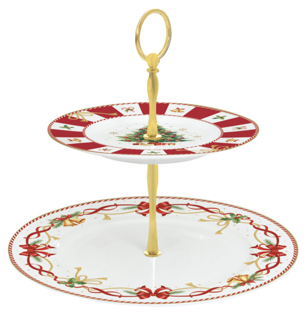 Porcelán süteményes állvány 2 emeletes, 19/27cm, dobozban, Christmas Tale