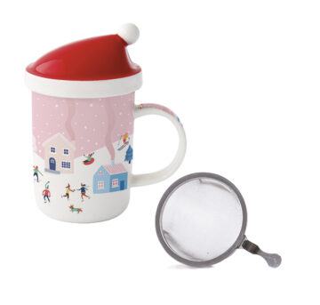 Porcelánbögre 370ml, tetővel, fémszűrővel,dobozban, Christmas Twist