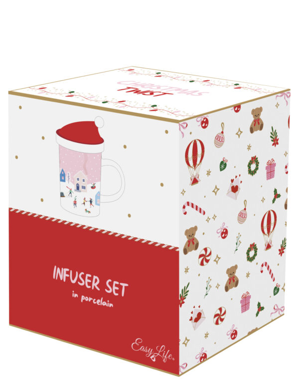 Porcelánbögre 370ml, tetővel, fémszűrővel,dobozban, Christmas Twist