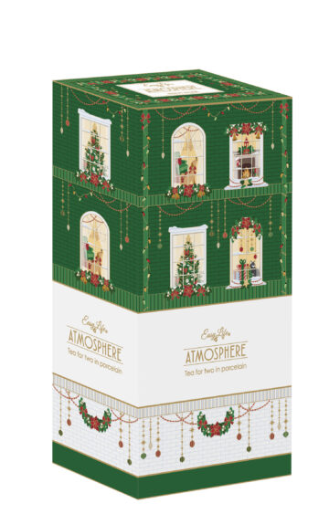 Porcelán bögreszett 2 db, 240ml, teáskannával 500ml, egymásba sorolós, dobozban, Festive Avenue, Atmosphere