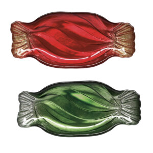 Szaloncukor üvegtál 2 db-os szett, piros-zöld, 20,5x9cm, dobozban, Christmas Twist