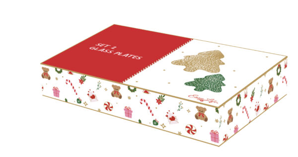 Fenyőfa üvegtál 2 db-os szett, arany-zöld, 20×13/16x11cm, dobozban, Christmas Twist