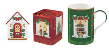 Porcelánbögre 350ml+teafiltertartó 8,5x10,5cm+fémdoboz 7,5x7,5x9cm, ajándékszett dobozban, Festive Avenue Atmosphere