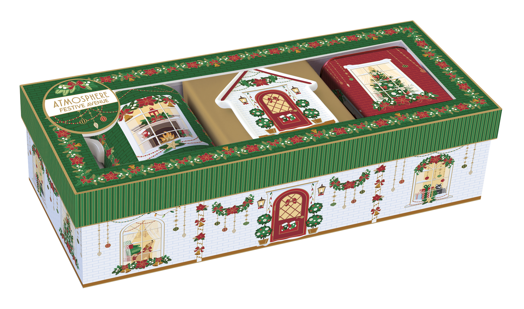 Porcelán teáskanna 600ml, fémszűrővel, 2 porcelánpohárral 160ml, dobozban, Festive Avenue, Atmosphere