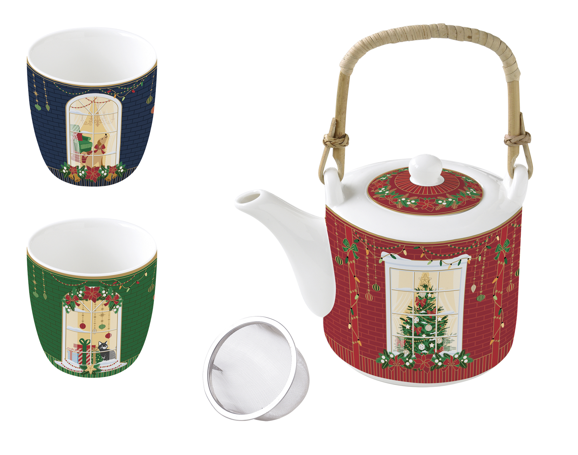 Porcelán teáskanna 600ml, fémszűrővel, 2 porcelánpohárral 160ml, dobozban, Festive Avenue, Atmosphere