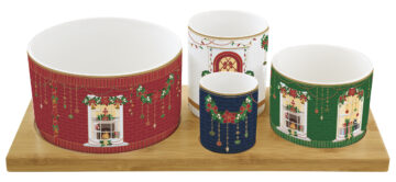 Porcelán kínálótál 4 db-os szett:11,5/8/6,5/4,5cm átmérő, bambusztálcán 29x13cm, Festive Avenue, Atmosphere