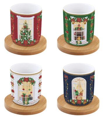 Porcelán eszpresszópohár+bambuszalj 4 személyes,110ml,dobozban, Festive Avenue, Coffee Mania