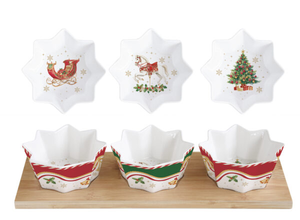 Porcelán csillagtálka szett 3 db-os, bambusztálcán, 34x12cm, dobozban, Christmas Tale