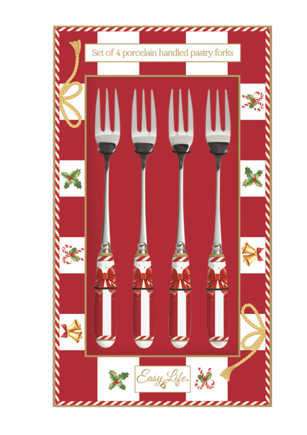 Rozsdamentes süteményes villaszett 4 db-os, porcelánnyéllel, Christmas Tale