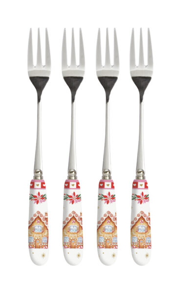 Rozsdamentes süteményes villaszett 4 db-os, porcelánnyéllel, Sweet Christmas