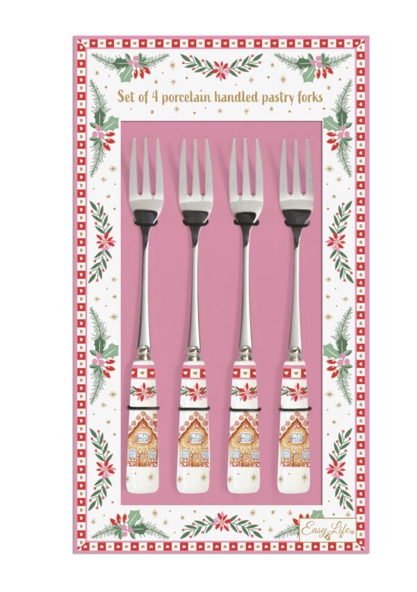 Rozsdamentes süteményes villaszett 4 db-os, porcelánnyéllel, Sweet Christmas