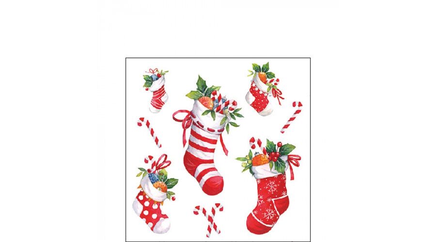 AMB.32520200 X-mas stockings white papírszalvéta 25x25cm