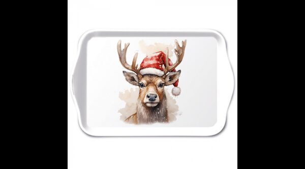 AMB.33720280 Deer with Santa hat white műanyag kistálca 13x21cm