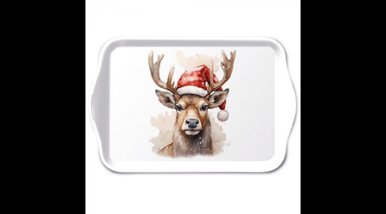 AMB.33720280 Deer with Santa hat white műanyag kistálca 13x21cm