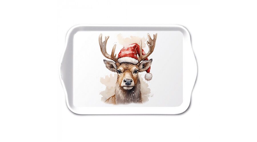AMB.33720280 Deer with Santa hat white műanyag kistálca 13x21cm