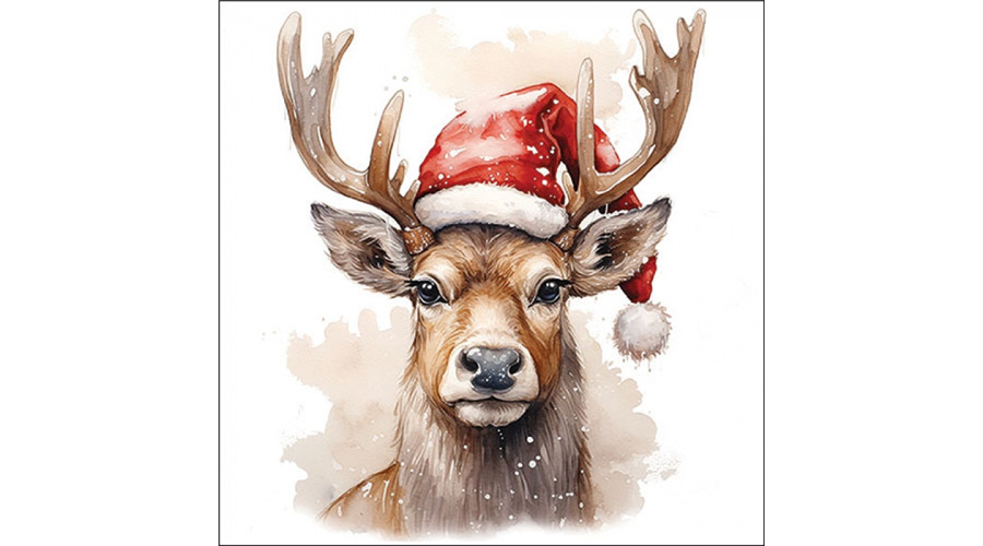 AMB.33320280 Deer with Santa hat white papírszalvéta 33x33cm
