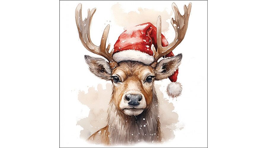 AMB.33320280 Deer with Santa hat white papírszalvéta 33x33cm